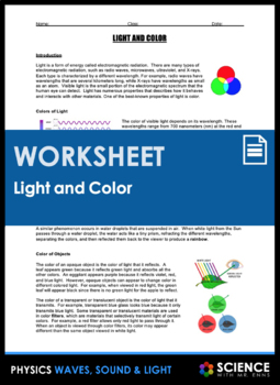 Preview of Light Waves & Color Worksheet on Wavelength Filters Primary & Secondary Colors