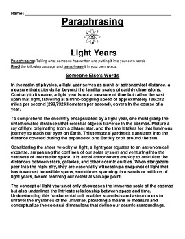Light Years Paraphrasing Worksheet by Academic Links | TPT