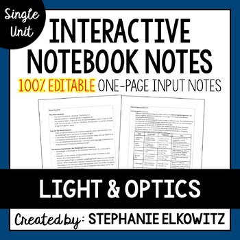 Preview of Light and Optics Editable Notes