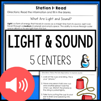 Preview of Light & Sound Energy Science Centers | 3rd 4th Grade Reading Passage Activities