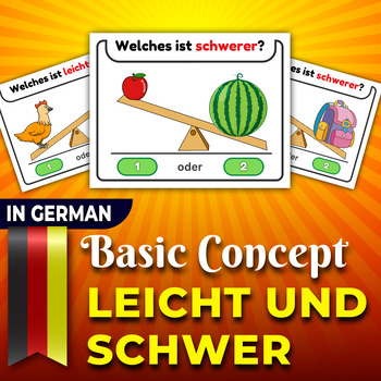 Preview of Light or Heavy? in German, Sizes "Basic Concepts". Task Cards Leicht oder schwer