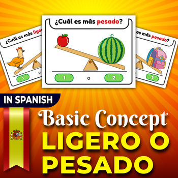 Preview of Light or Heavy? in Spanish, Sizes "Basic Concepts". Task Cards Ligero o Pesado