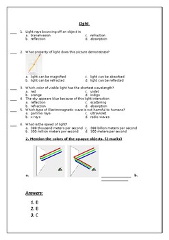Light worksheet by hind hussein TPT