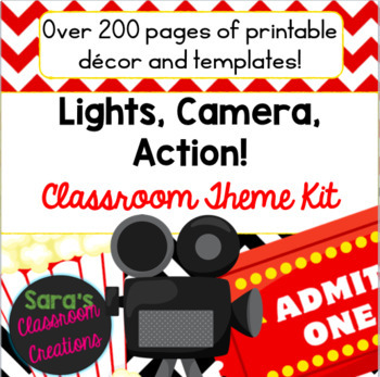 Preview of Lights, Camera, Action! Movie Theater Classroom Theme Decor Kit- EDITABLE