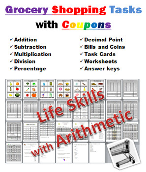 Preview of Life Skills, Grocery shopping with using coupons, Arithmetic, Saving money
