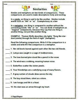 similes and metaphors worksheet by happyedugator tpt