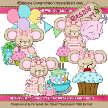 Lil Birthday Mice Girls ClipArt - Commercial Use by ClipArtResale