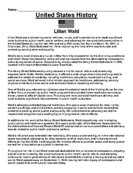 Preview of Lilian Wald Article & Questions Assignment (PDF)