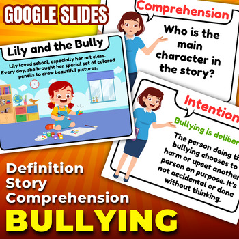 Preview of Lily and the Bully : Bullying Definitions, Story, Comprehension Task Cards