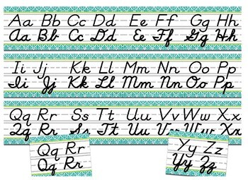 Lime and Teal Damask Themed cursive and print alphabet strip | TpT