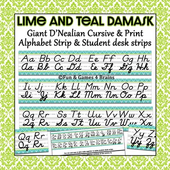 Preview of D'nealian Lime and Teal Damask cursive and print giant classroom alphabet strip