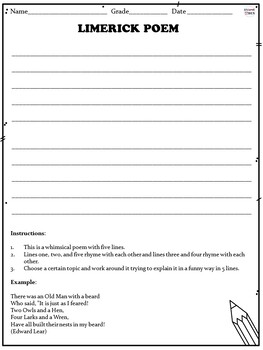 Preview of Limerick Poem Template - Poetry Writing Activity and Worksheet