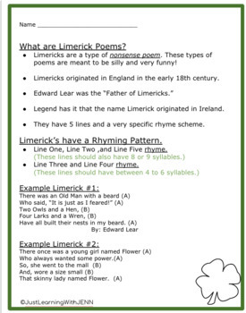 Limerick Poems: St. Patrick's Day Writing by Just Learning with Jenn
