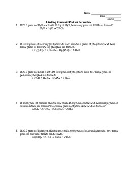 Preview of Limiting and Excess Reactant Worksheet