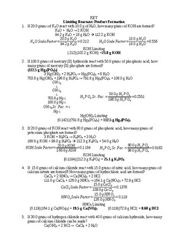 Preview of Limiting and Excess Reactants Worksheet Key