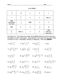 Limits Bingo by MrsCookKHS | Teachers Pay Teachers