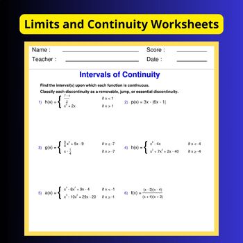 Preview of Limits and Continuity for Calculus Worksheets