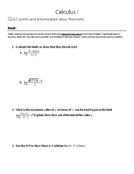 Preview of Limits and Intermediate Value Theorem Quiz