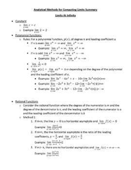 Preview of Limits at Infinity: Analytical Methods of Computing Limits Summary and Examples