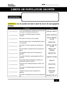 Preview of Limits on Population Growth [Worksheet & Answer Key]