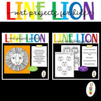 Preview of Line Lion Art Lesson and Art Worksheet Bundle