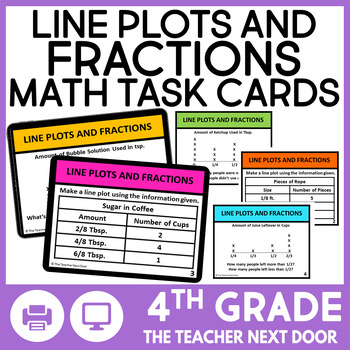 Preview of 4th Grade Line Plots and Fractions Task Cards Math Center Line Plots Activity