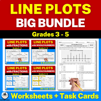 Preview of Line Plots with Fractions and Whole Numbers - Worksheets and Task Cards Bundle