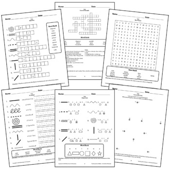 Preview of Line Worksheets Activity Crossword puzzle, Word Search, Matching Elementary Art