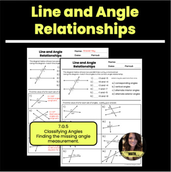 Preview of Line and Angle Relationships | Worksheet | 7.G.5 | 8.G.5 | Key included