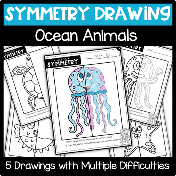 Preview of Line of Symmetry | End of Year Math Activity | Ocean Animals | Art Worksheet