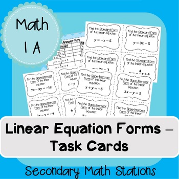 Preview of Linear Equation Forms Matching Task Cards (Slope-Intercept and Standard Form)