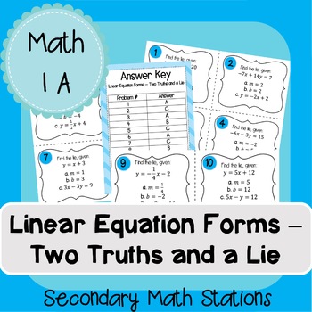 Preview of Linear Equation Forms Two Truths and a Lie (Slope-Intercept and Standard Form)
