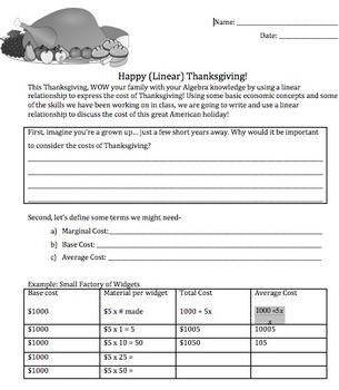 Thanksgiving Math Linear Equation Thanksgiving Dinner Project For Algebra 1