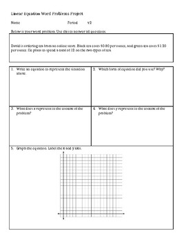 Preview of Linear Equation Word Problem Project