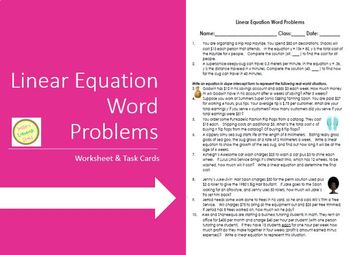 Preview of Linear Equation Word Problems worksheet & task cards - simple & multi-step
