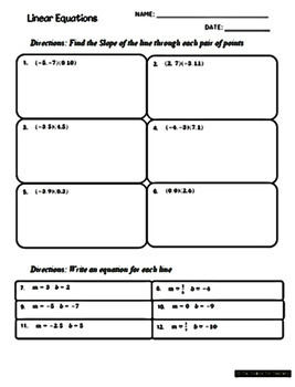 Preview of Linear Equations Quiz Review Slope Graphing Slope Intercept Skills Homework