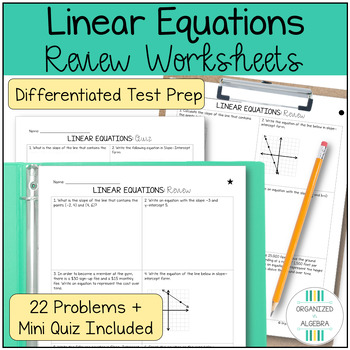 Preview of Linear Equations Review Worksheet Algebra 1 Test Prep