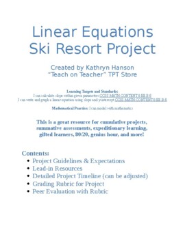 Preview of Linear Equations Ski Resort Project w/ Timeline, Rubrics, & Peer Evaluation