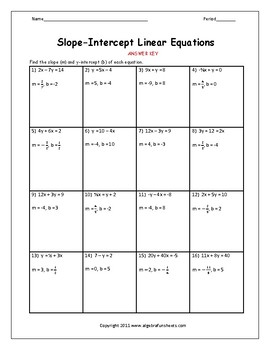 Linear Equations - Slope-Intercept: Slope and y-intercept Riddle Worksheet
