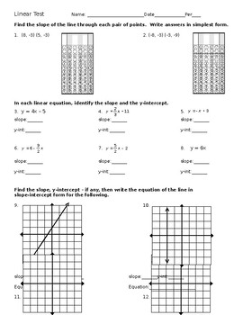 Preview of Linear Equations, Slope, X-Y Intercepts TEST - FULLY EDITABLE