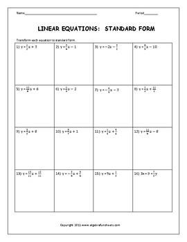 Writing Equations in Standard Form Worksheet by Algebra Funsheets