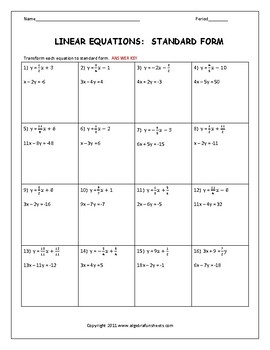 Writing Equations in Standard Form Worksheet by Algebra Funsheets
