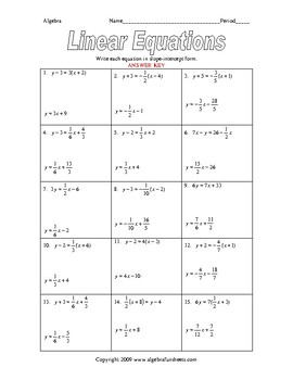Writing Equations of Lines in Slope-Intercept Form (Fractions) Worksheet