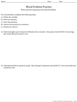 Linear Equations Word Problems Discovery Worksheet and ...