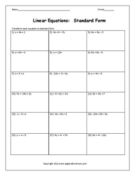 Linear Equations: Writing Equations in Standard Form Worksheet 2 - Riddle