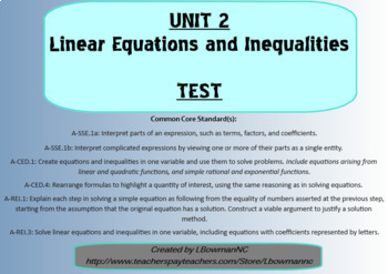 Preview of Linear Equations and Inequalities Test (Math 1)