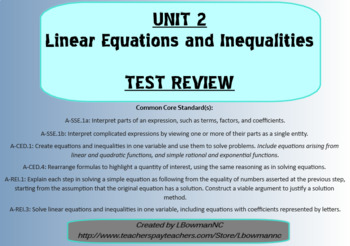 Preview of Linear Equations and Inequalities Test Review (Math 1)