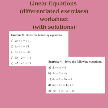 Preview of Linear Equations (differentiated exercises) worksheet (with solutions)