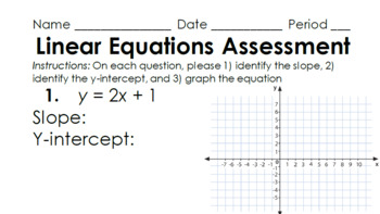 Preview of Linear Equations in Slope-Intercept Form Assessment Pack w/Keys