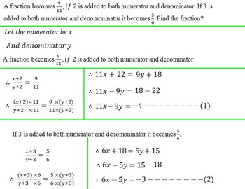 Preview of Linear Equations in Two variable (Word problems and substitution Method)